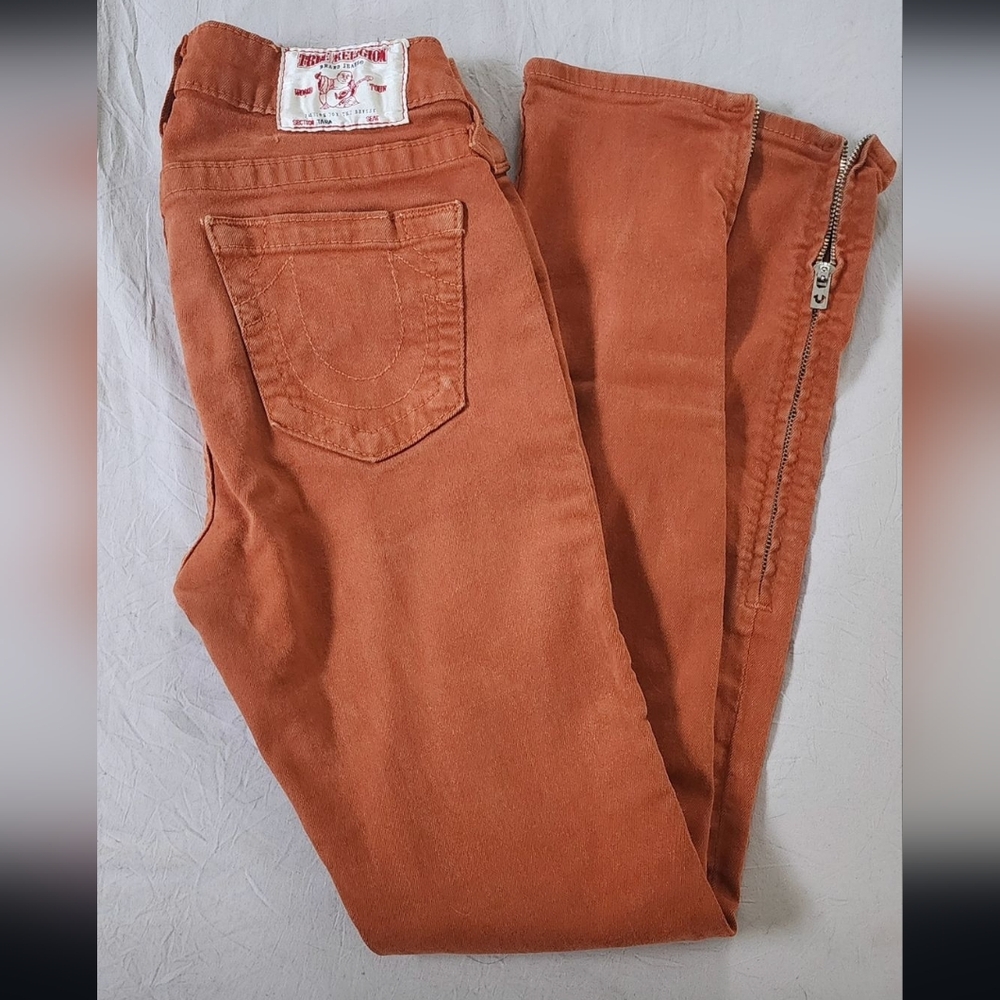 True Religion burnt orange skinny jeans with zipper ankles size 25